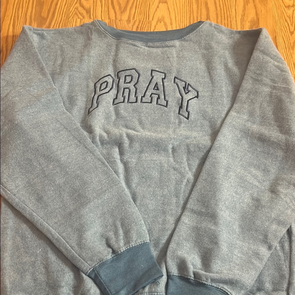 Love in Men's Blue Crewneck Sweater with 'PRAY' Embroidery